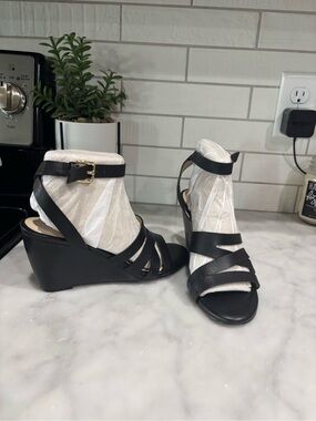 Cole Haan Black Leather Strappy Wedge Sandals with Ankle Buckle